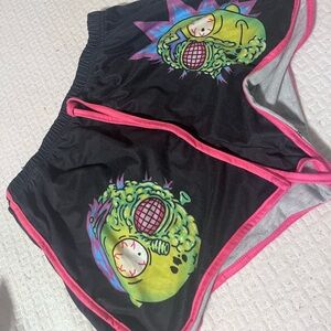 ROMWE Black High-Waist Shorts with Neon Green Monster Print and Pink Trim